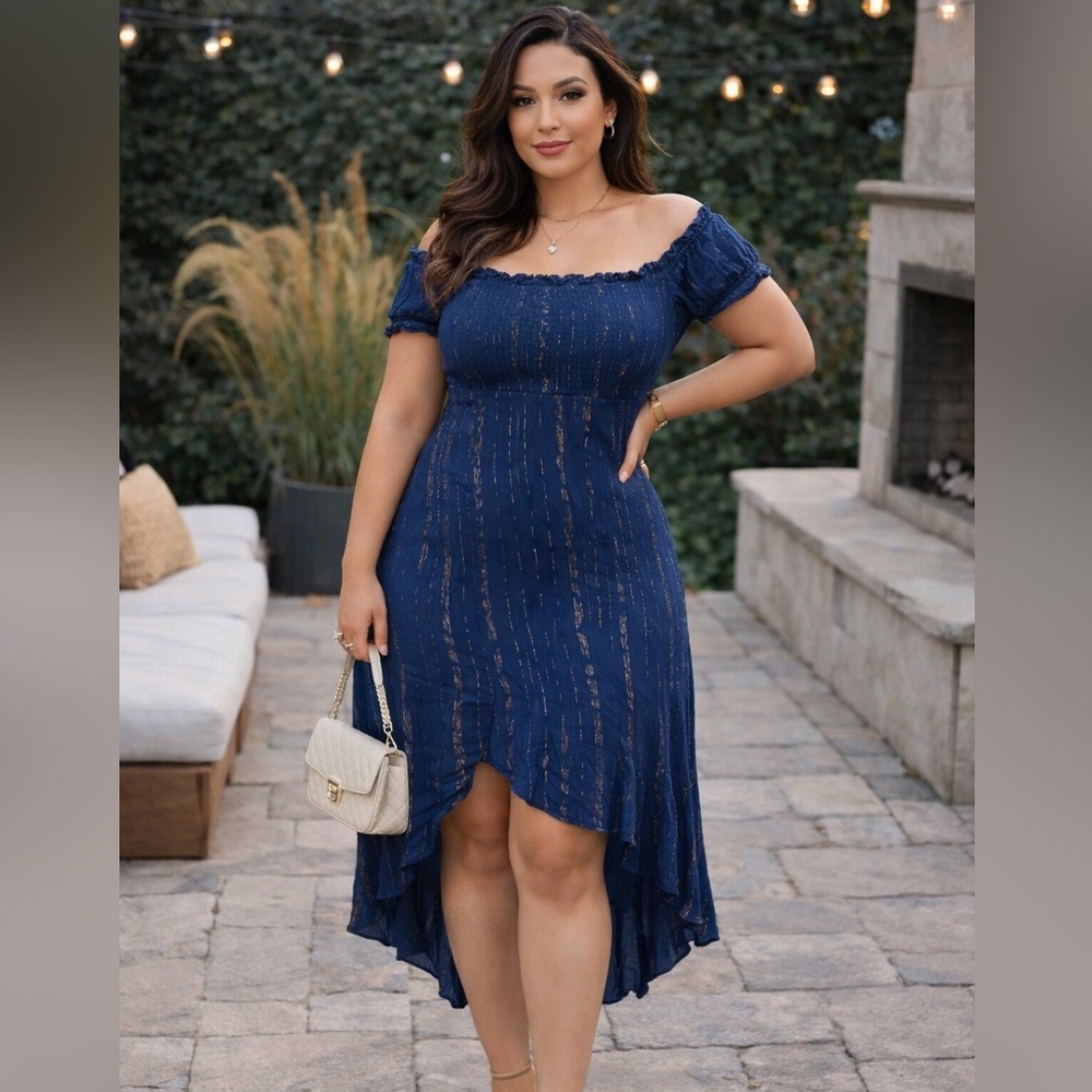 blue rain smocked high low dress Aug sale